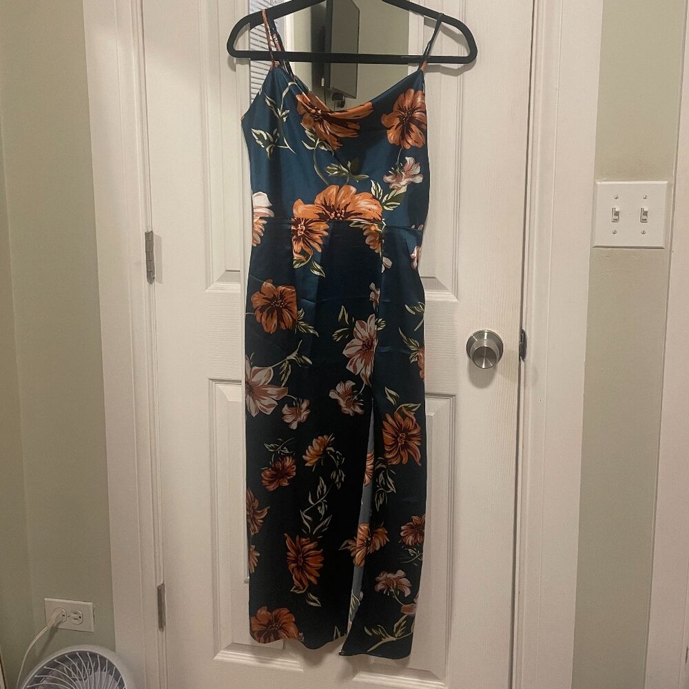 Navy Blue w/ Orange Flowers Satin Midi Dress